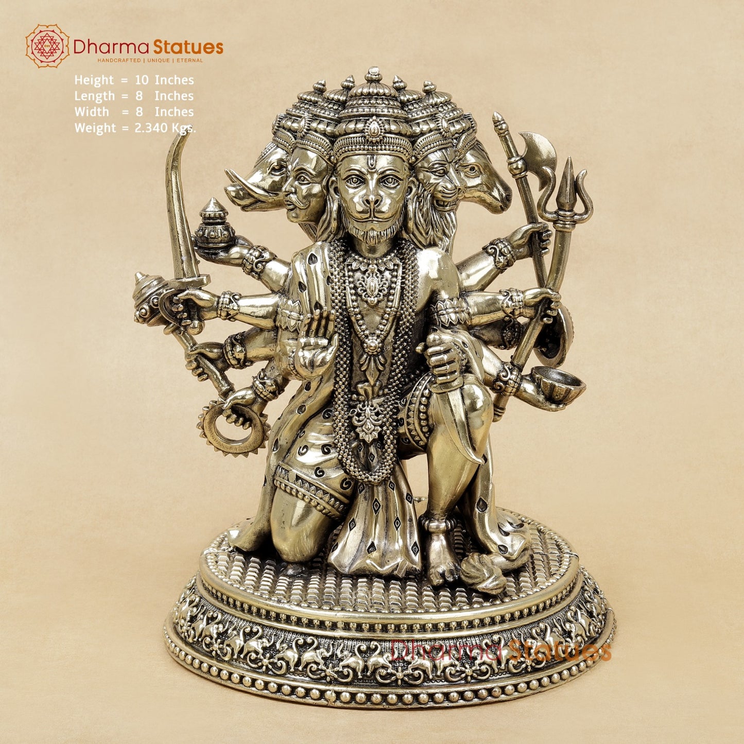 Brass Panchmukhi Hanuman Seated Fine 10”