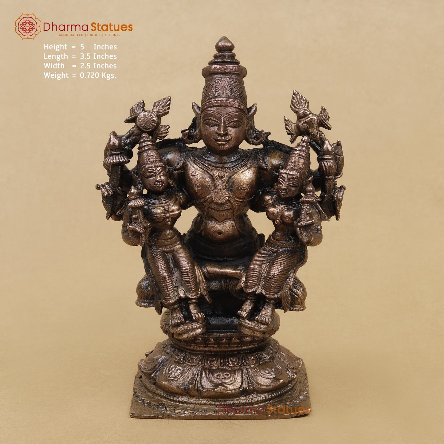 Copper Vishnu Seated with Sridevi and Bhudevi Fine 5”