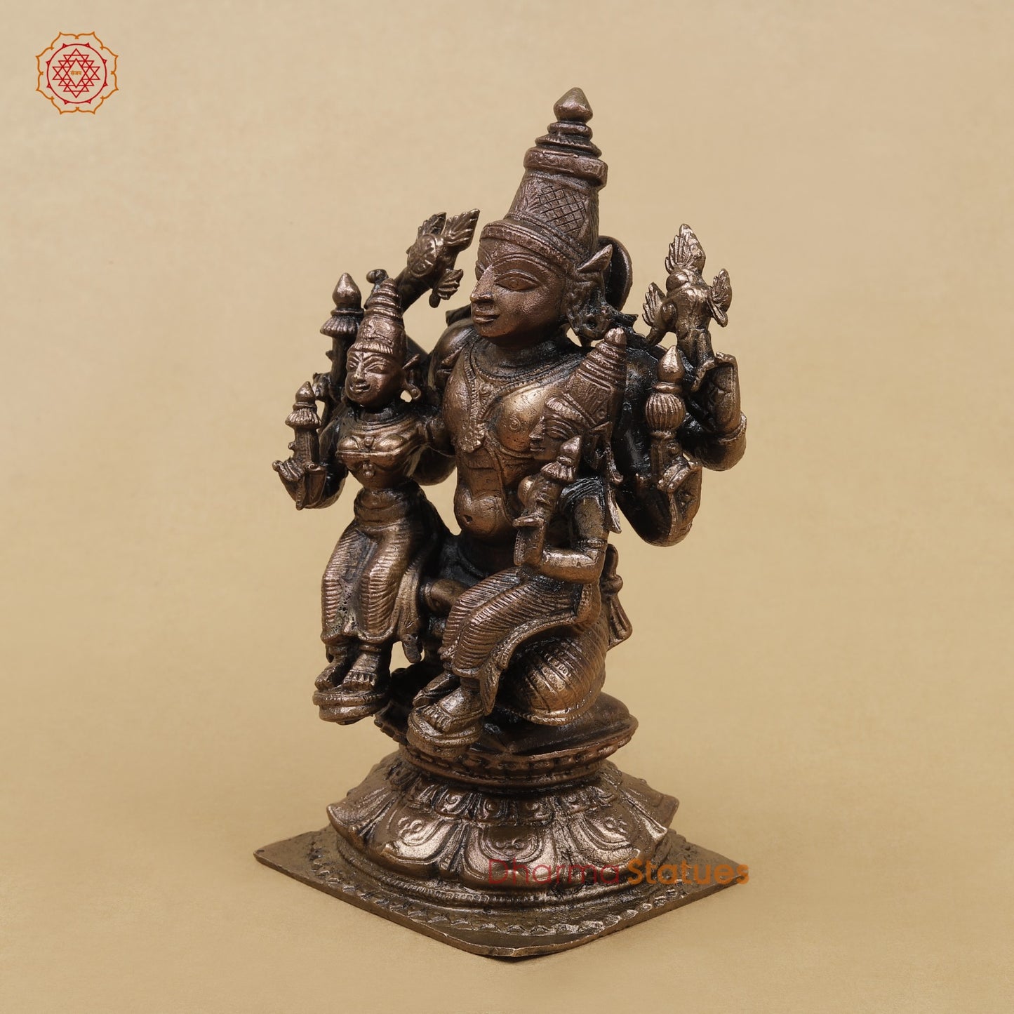 Copper Vishnu Seated with Sridevi and Bhudevi Fine 5”