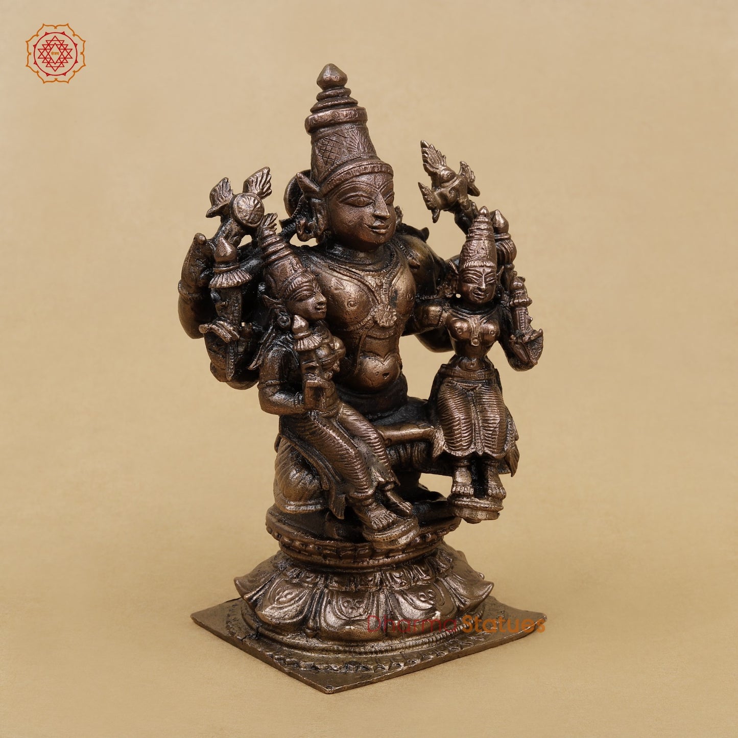 Copper Vishnu Seated with Sridevi and Bhudevi Fine 5”