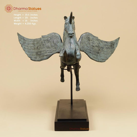 Bronze Unicorn With Wooden Stand , Natural Patina 20” Origin - Java, Indonesia