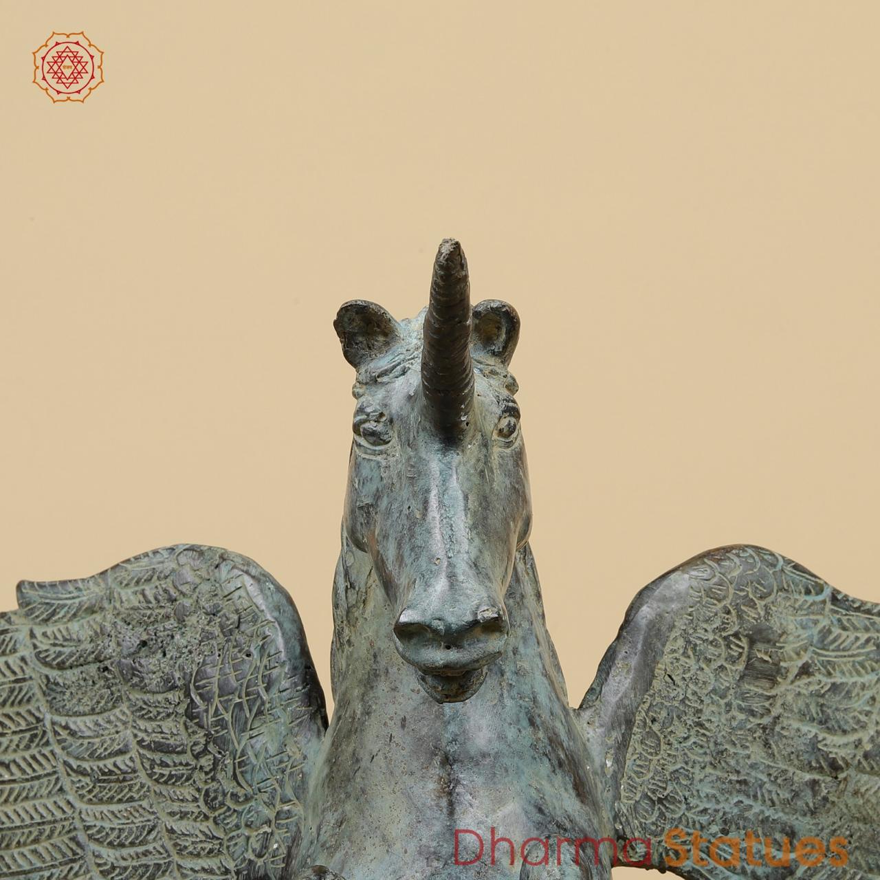 Bronze Unicorn With Wooden Stand , Natural Patina 20” Origin - Java, Indonesia