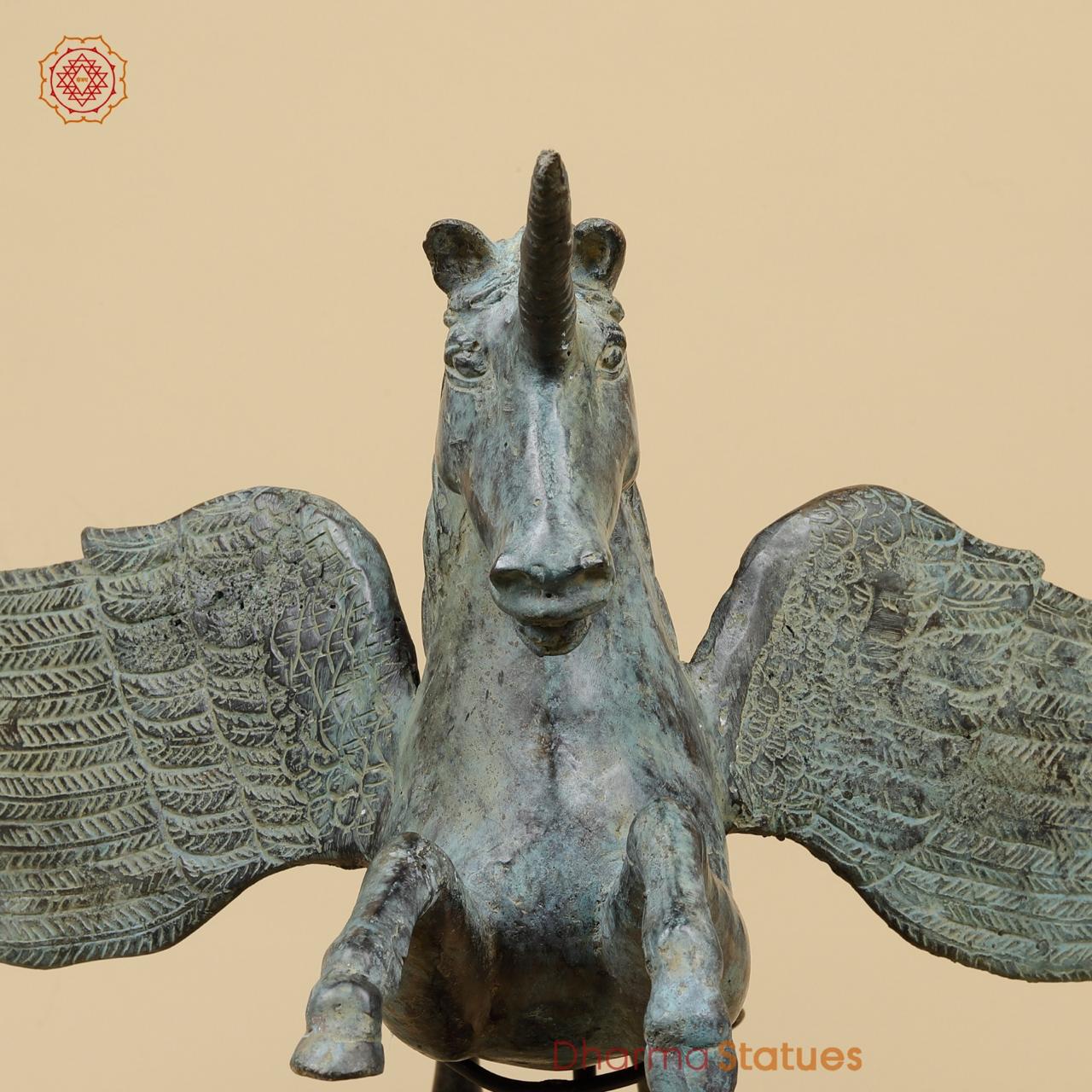 Bronze Unicorn With Wooden Stand , Natural Patina 20” Origin - Java, Indonesia