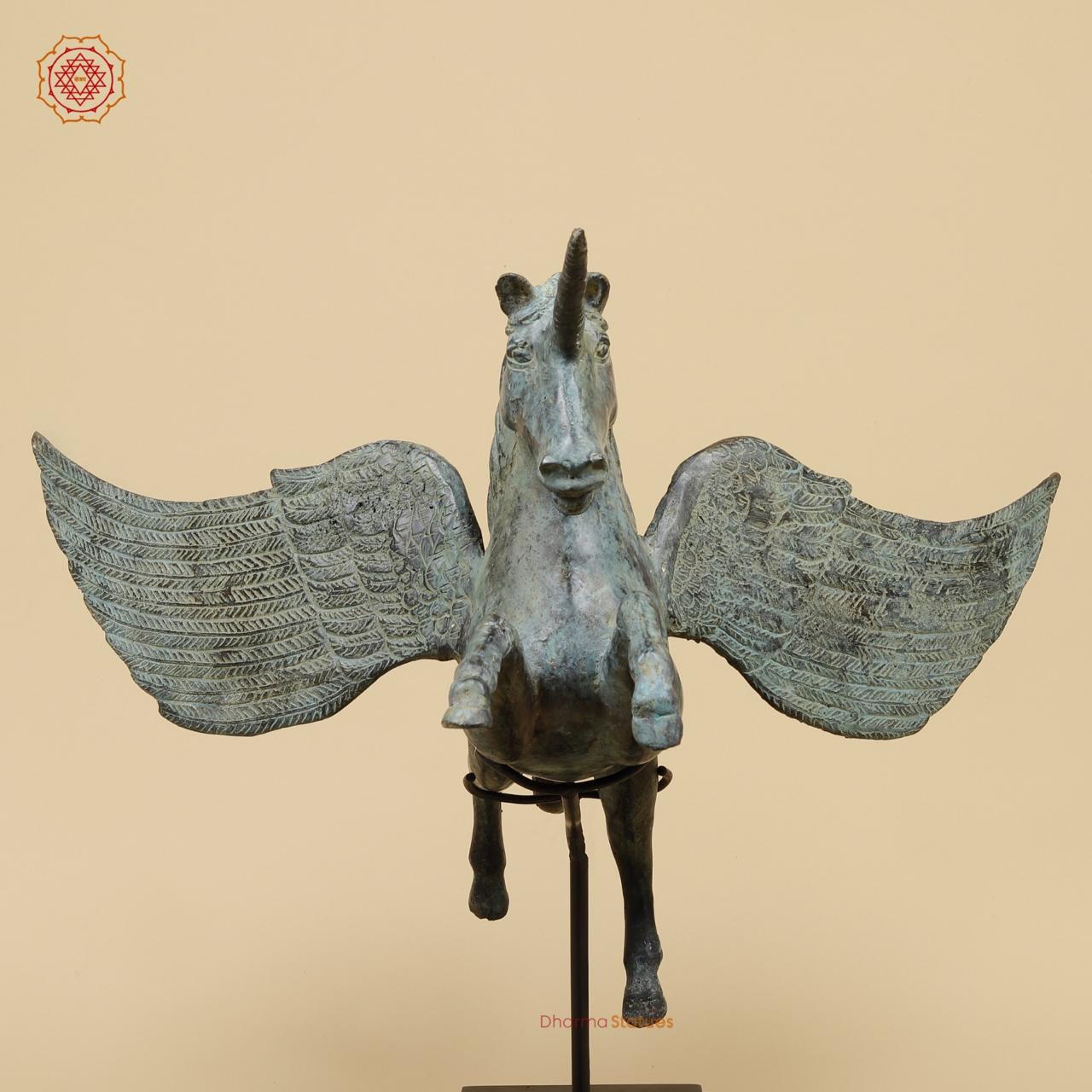 Bronze Unicorn With Wooden Stand , Natural Patina 20” Origin - Java, Indonesia