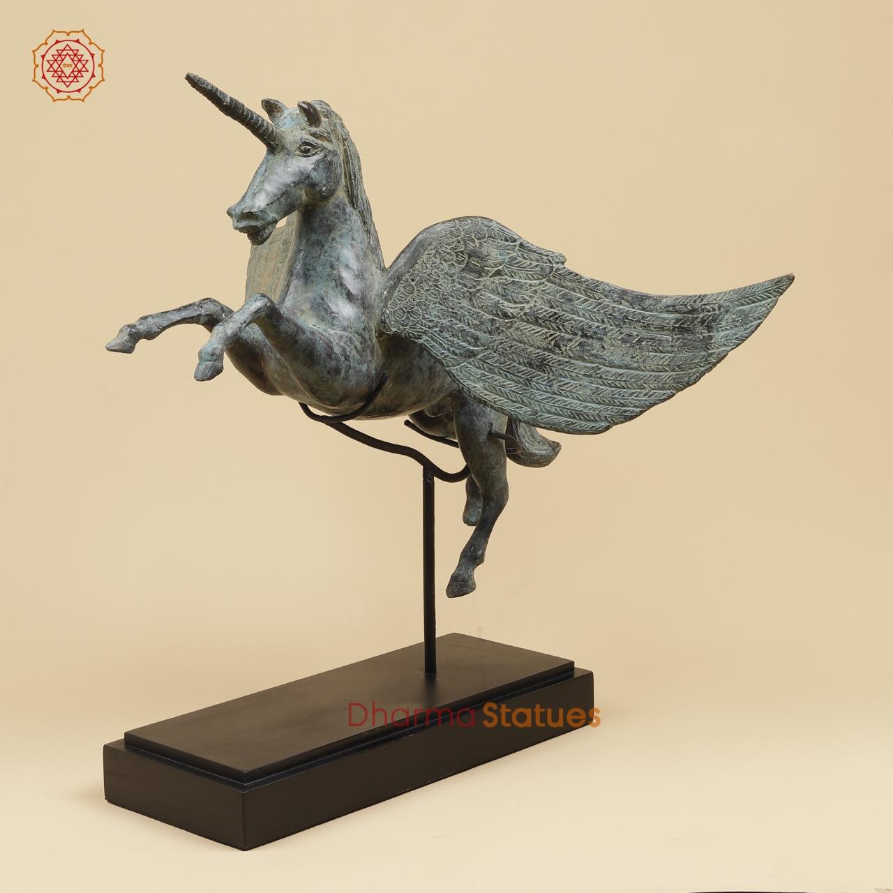 Bronze Unicorn With Wooden Stand , Natural Patina 20” Origin - Java, Indonesia