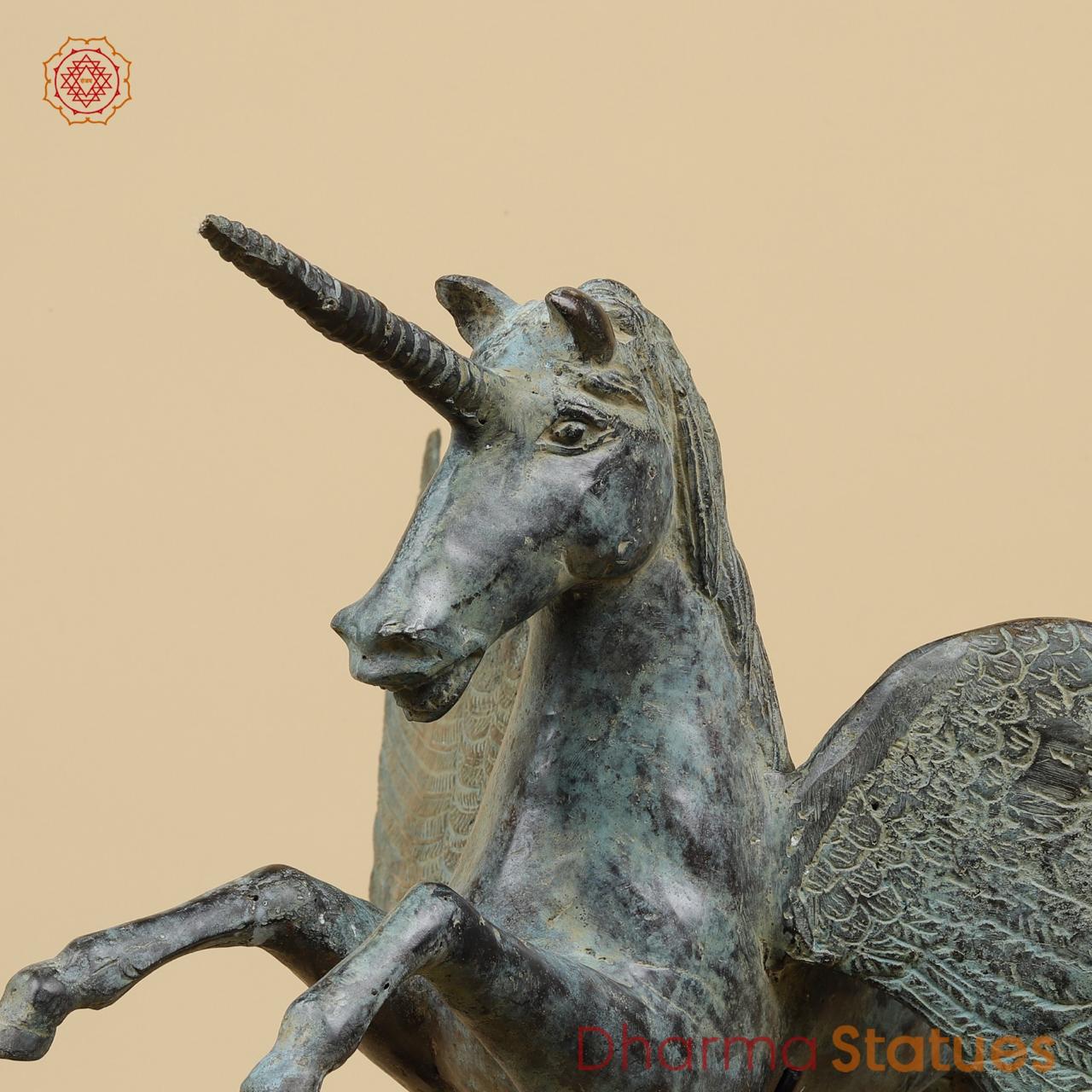 Bronze Unicorn With Wooden Stand , Natural Patina 20” Origin - Java, Indonesia