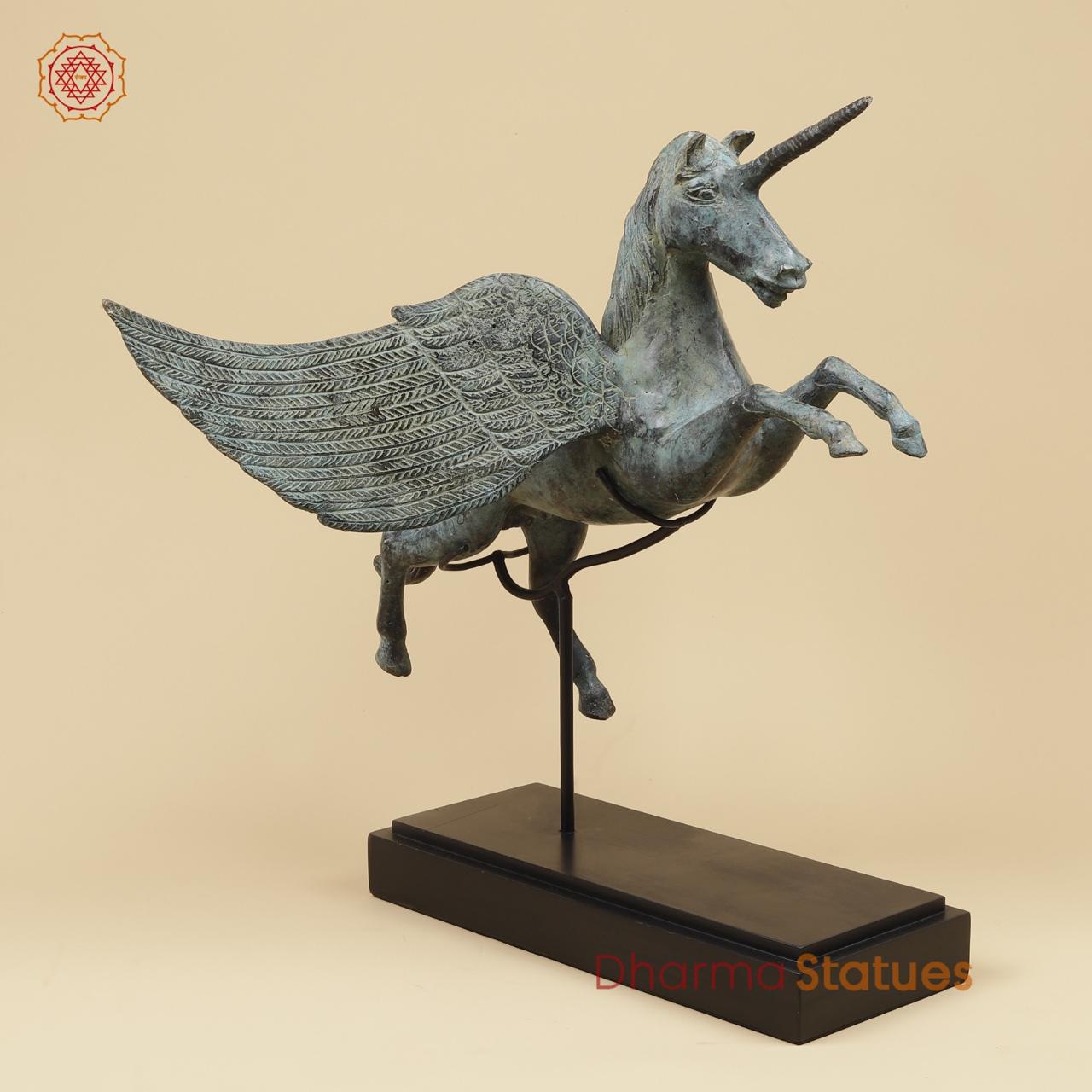 Bronze Unicorn With Wooden Stand , Natural Patina 20” Origin - Java, Indonesia