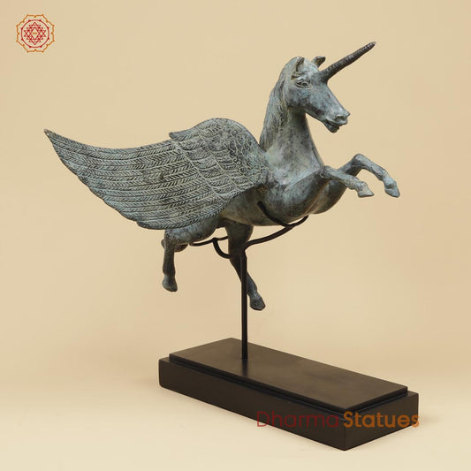 Bronze Unicorn With Wooden Stand , Natural Patina 20” Origin - Java, Indonesia