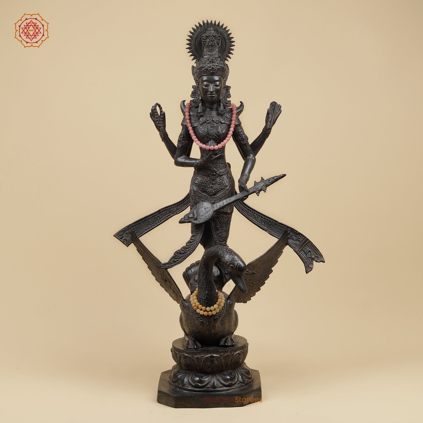 Bronze Saraswati On swan Fine, Natural Black Patina 31”