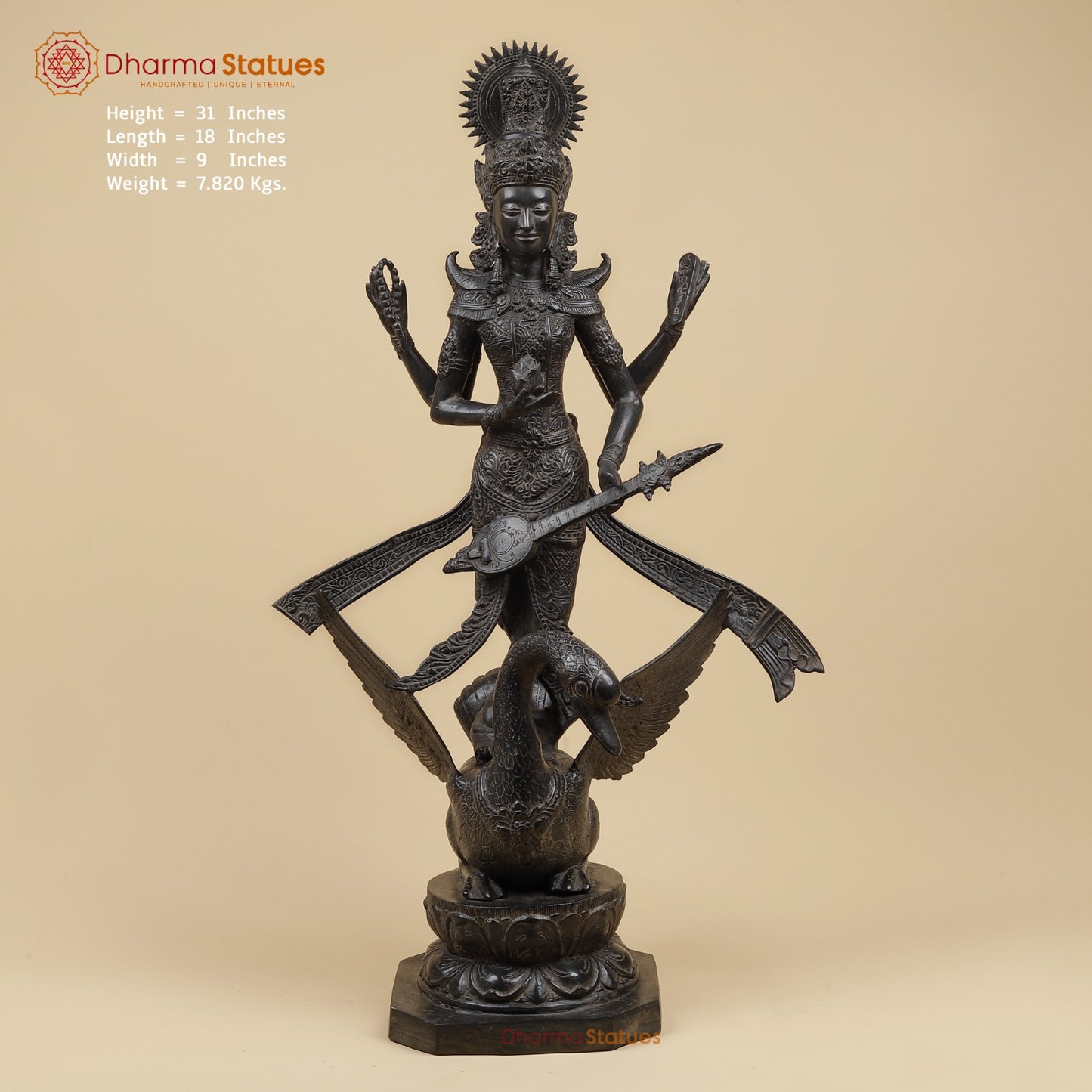 Bronze Saraswati On swan Fine, Natural Black Patina 31”