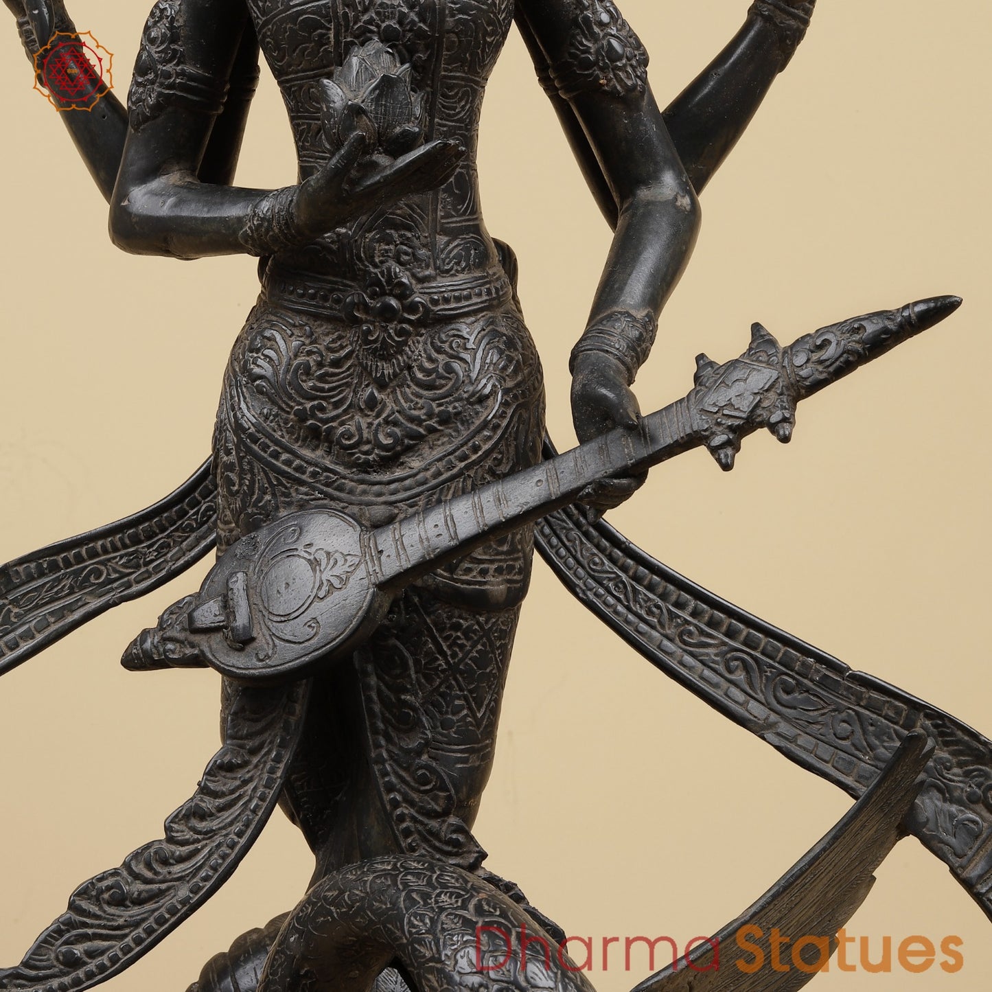 Bronze Saraswati On swan Fine, Natural Black Patina 31”
