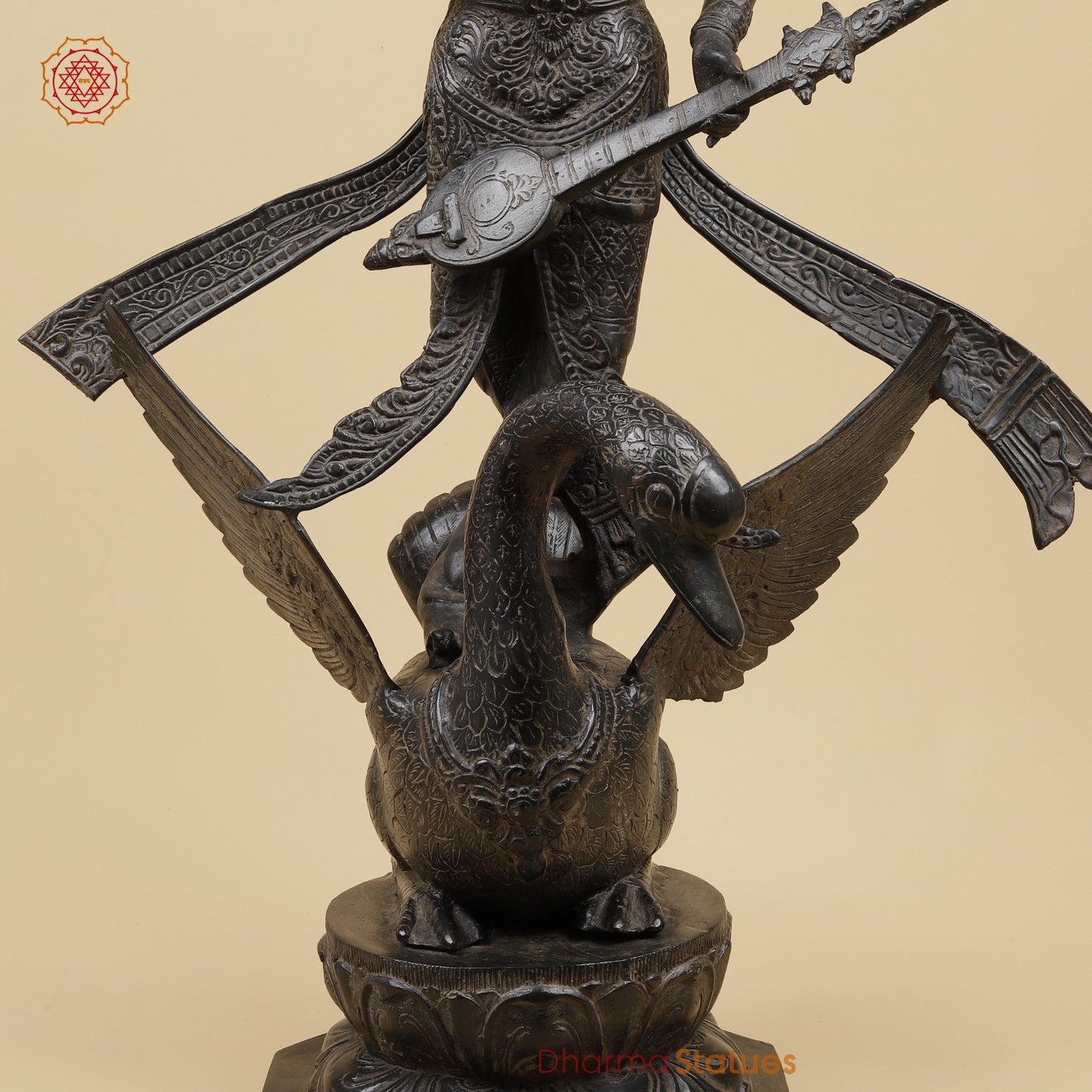 Bronze Saraswati On swan Fine, Natural Black Patina 31”