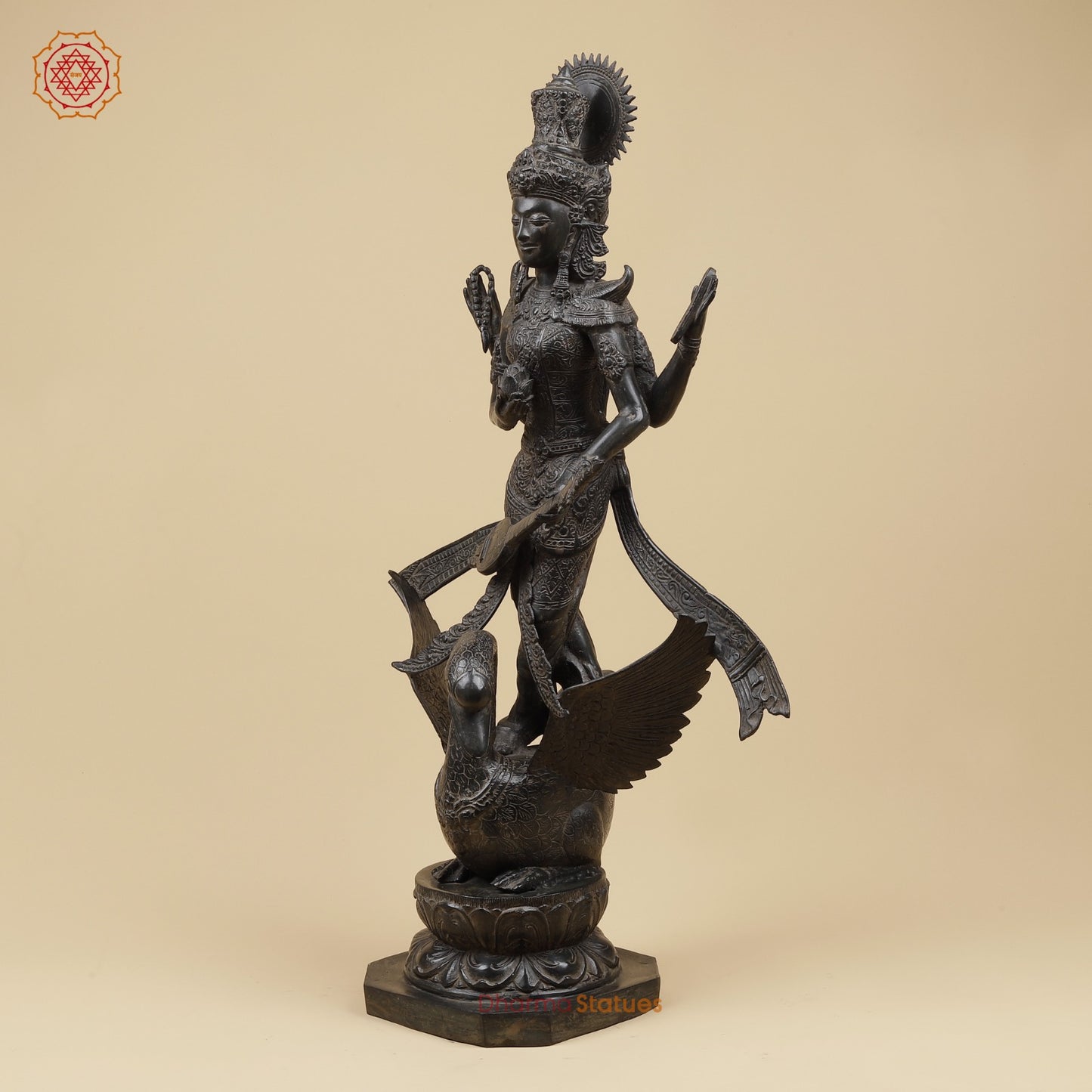 Bronze Saraswati On swan Fine, Natural Black Patina 31”