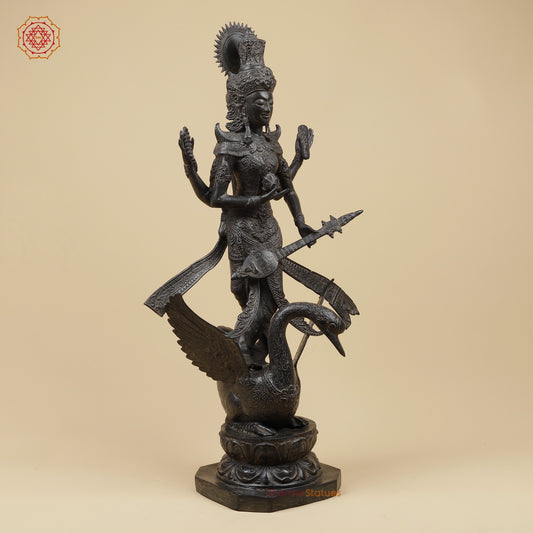 Bronze Saraswati On swan Fine, Natural Black Patina 31”