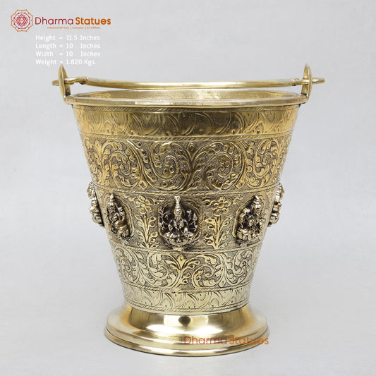 Brass Auspicious Ashtlakshmi Bucket (Balti) for Pooja, Fine Smooth finish 12”