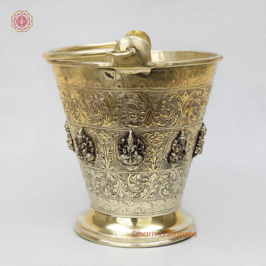 Brass Auspicious Ashtlakshmi Bucket (Balti) for Pooja, Fine Smooth finish 12”