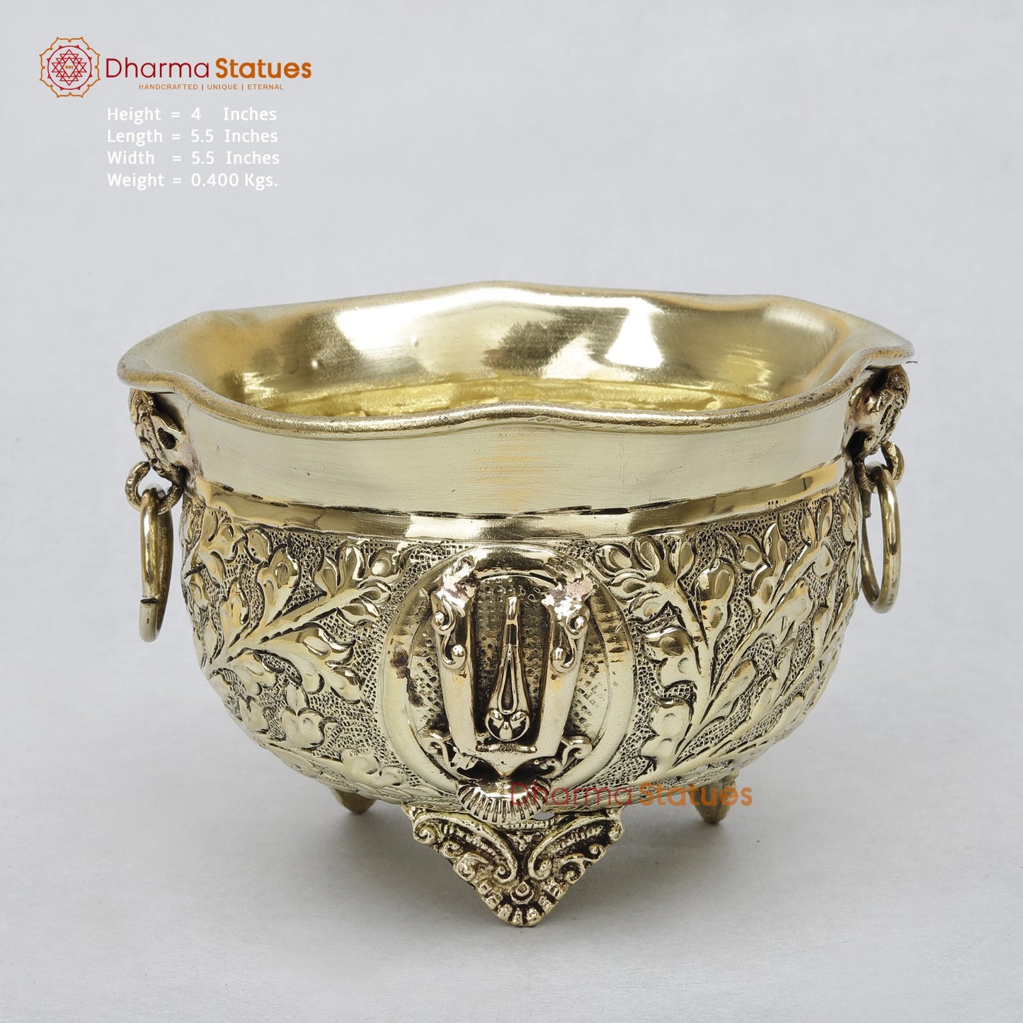 Brass Auspicious Shankh, Chakra, Tilak Bowl 5.5”