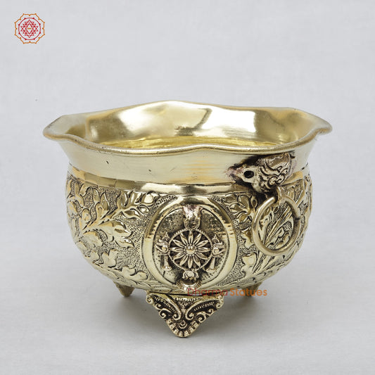 Brass Auspicious Shankh, Chakra, Tilak Bowl 5.5”