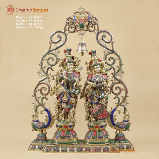 Brass Radha Krishna With Floral Arch and Bell, Stone work 45”