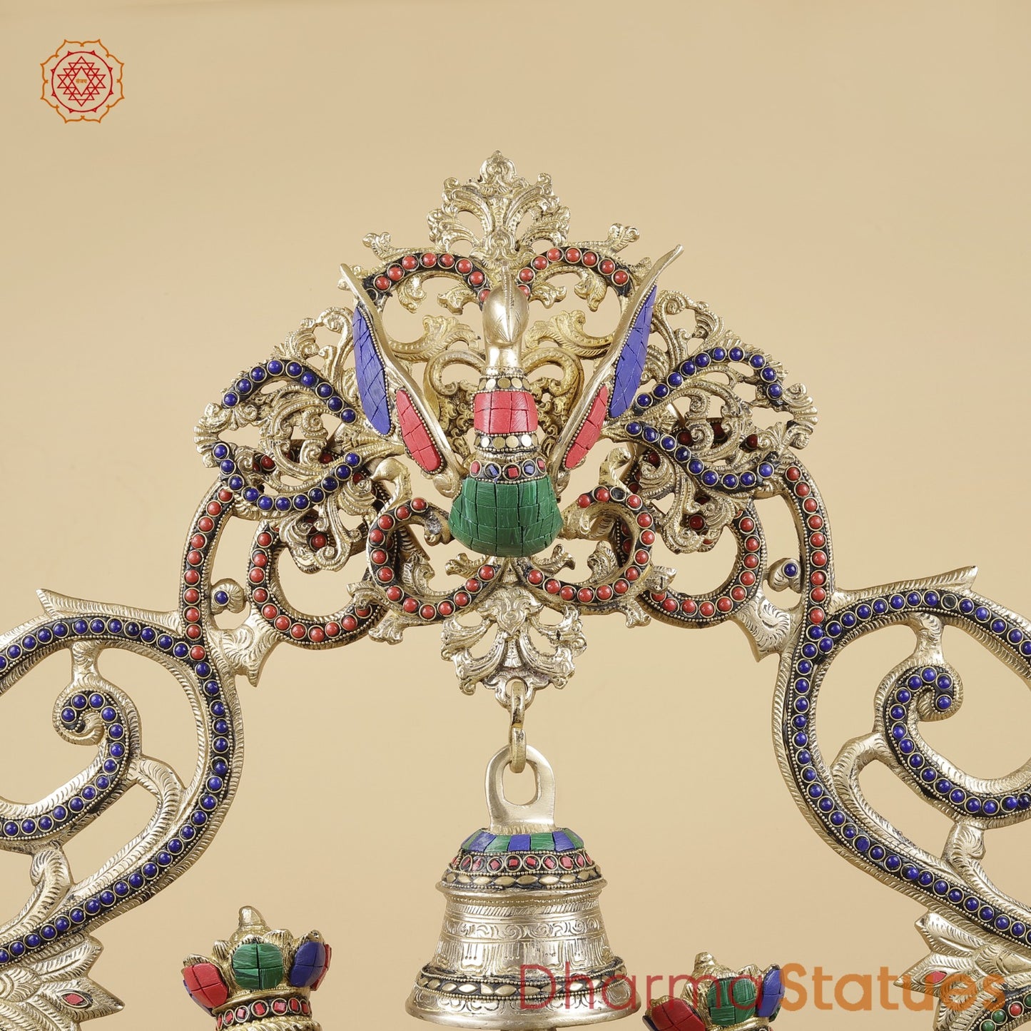 Brass Radha Krishna With Floral Arch and Bell, Stone work 45”