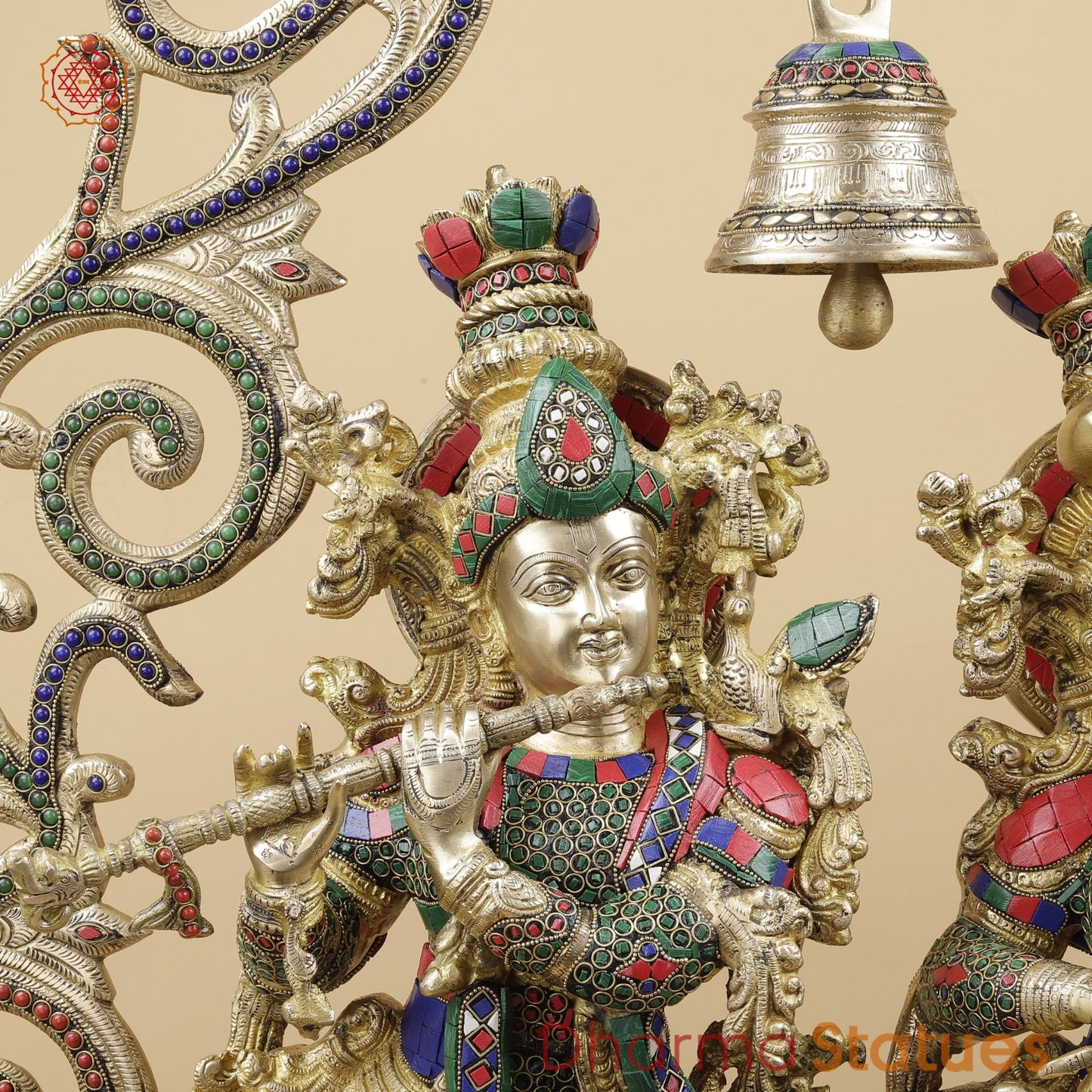 Brass Radha Krishna With Floral Arch and Bell, Stone work 45”