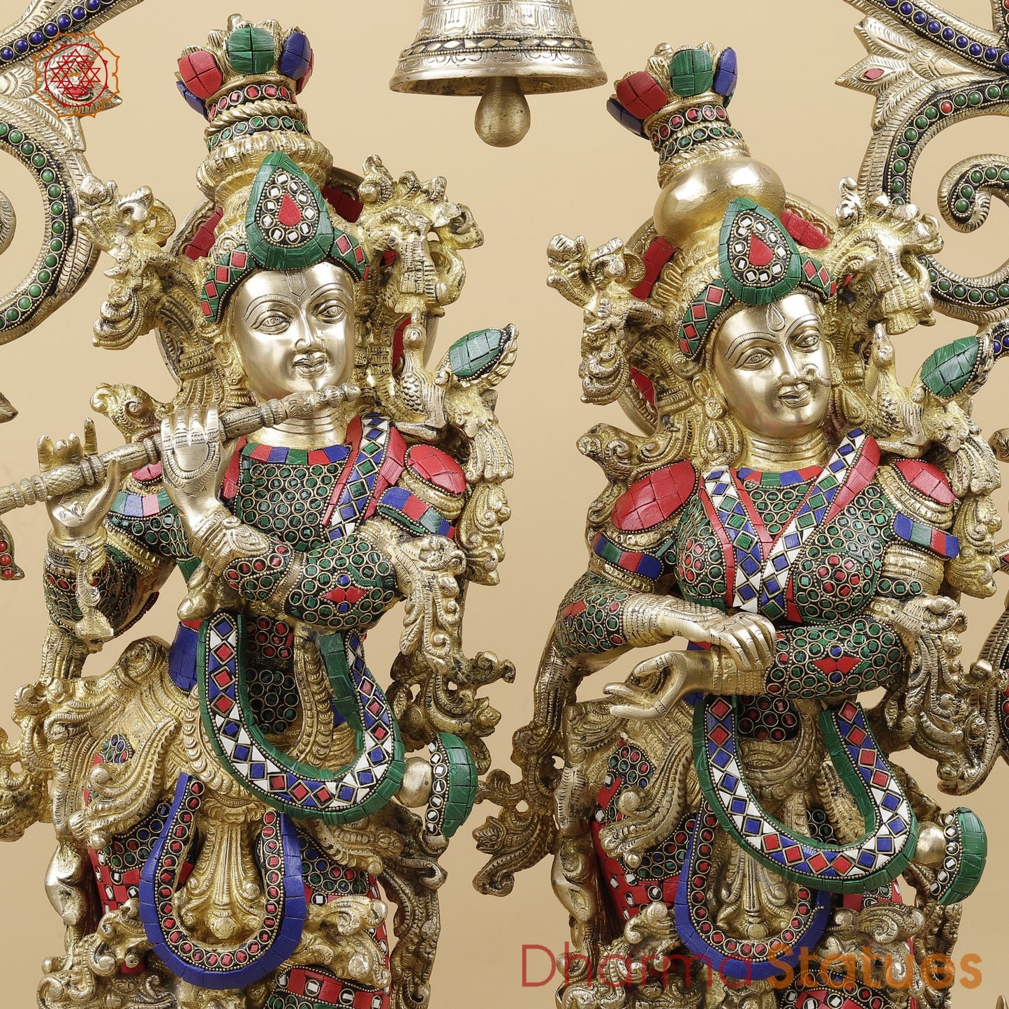 Brass Radha Krishna With Floral Arch and Bell, Stone work 45”