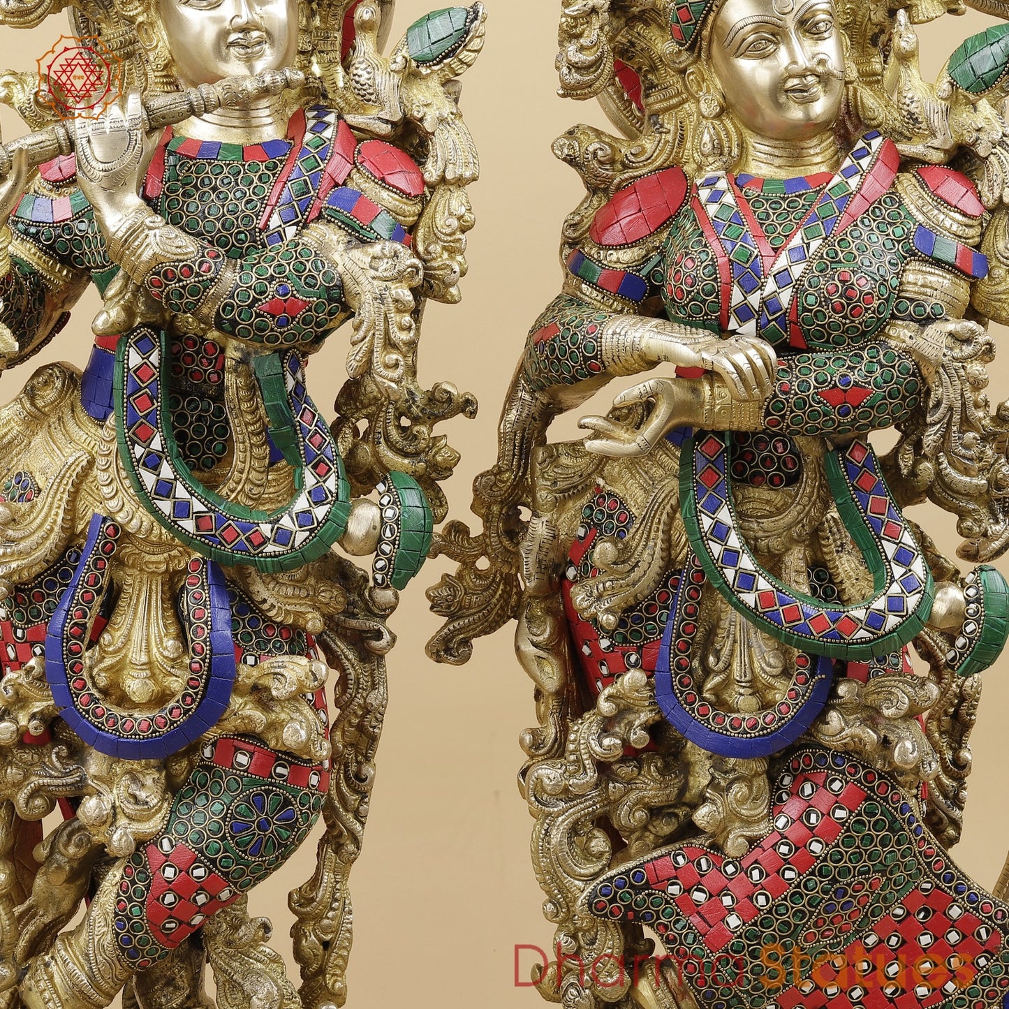 Brass Radha Krishna With Floral Arch and Bell, Stone work 45”