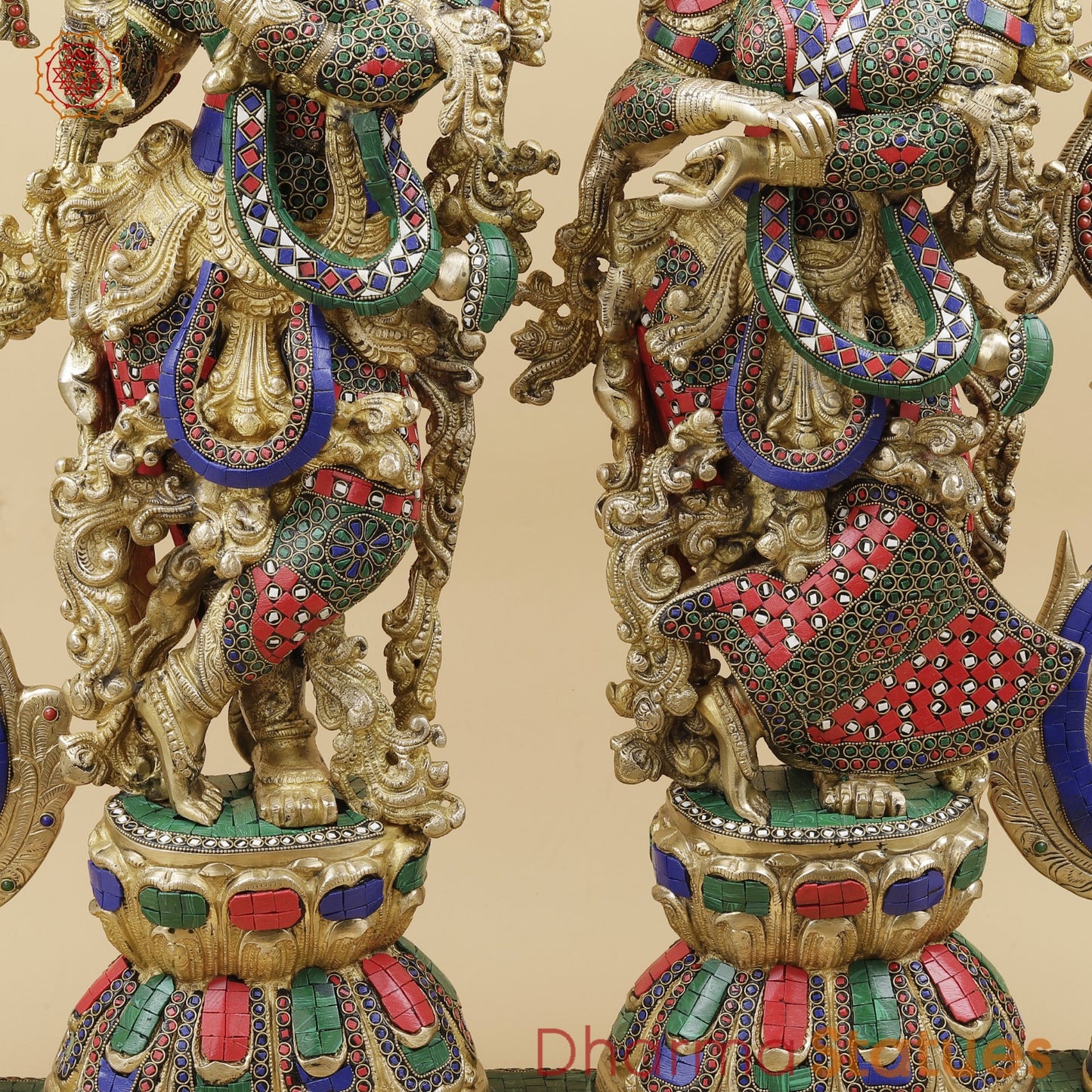Brass Radha Krishna With Floral Arch and Bell, Stone work 45”