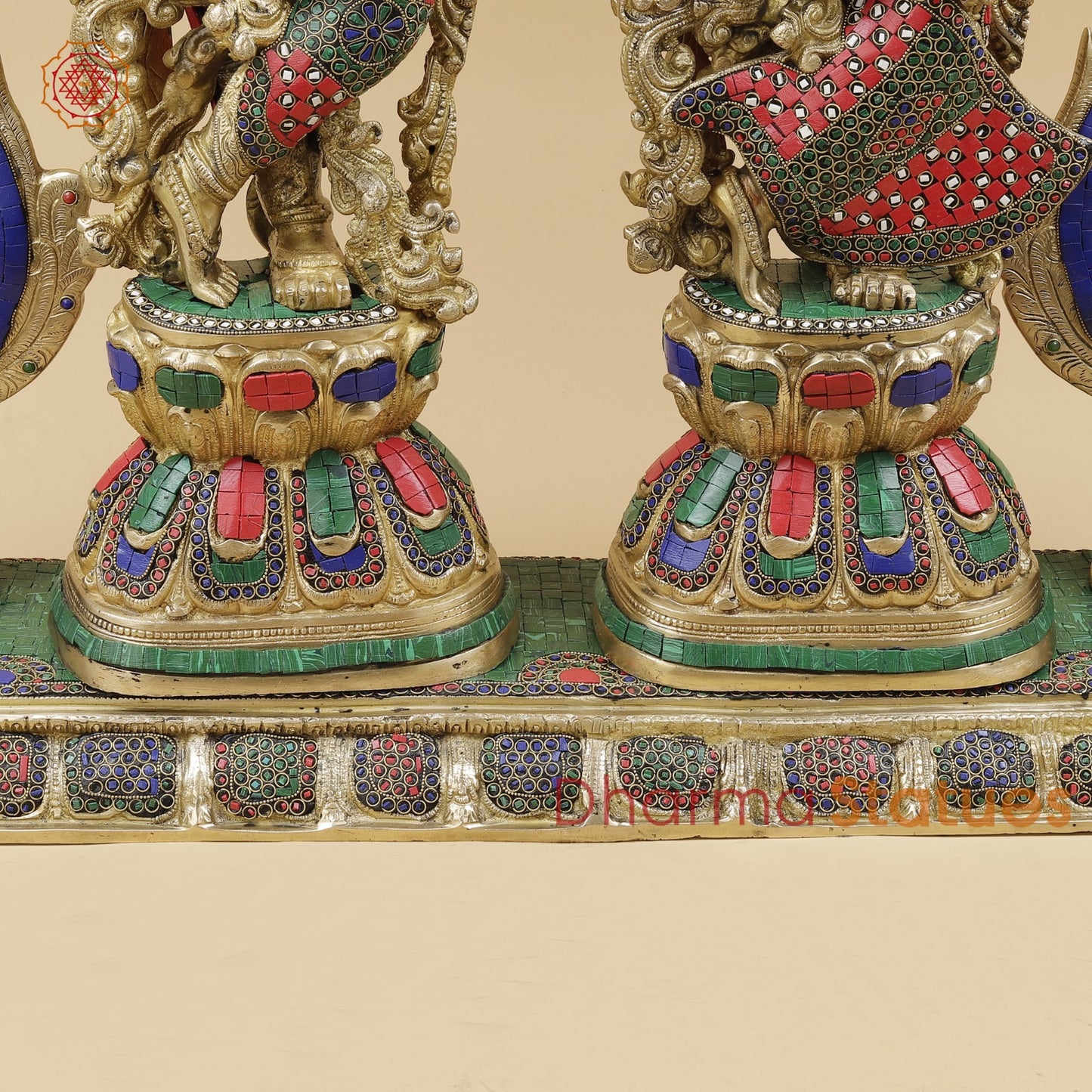 Brass Radha Krishna With Floral Arch and Bell, Stone work 45”