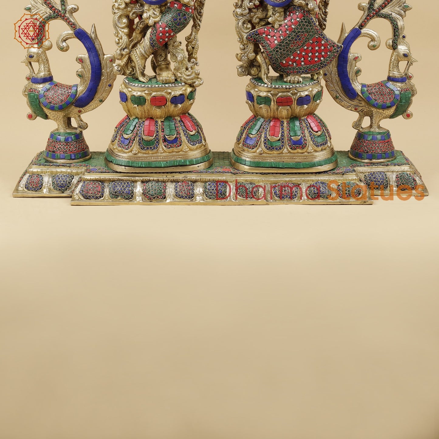 Brass Radha Krishna With Floral Arch and Bell, Stone work 45”