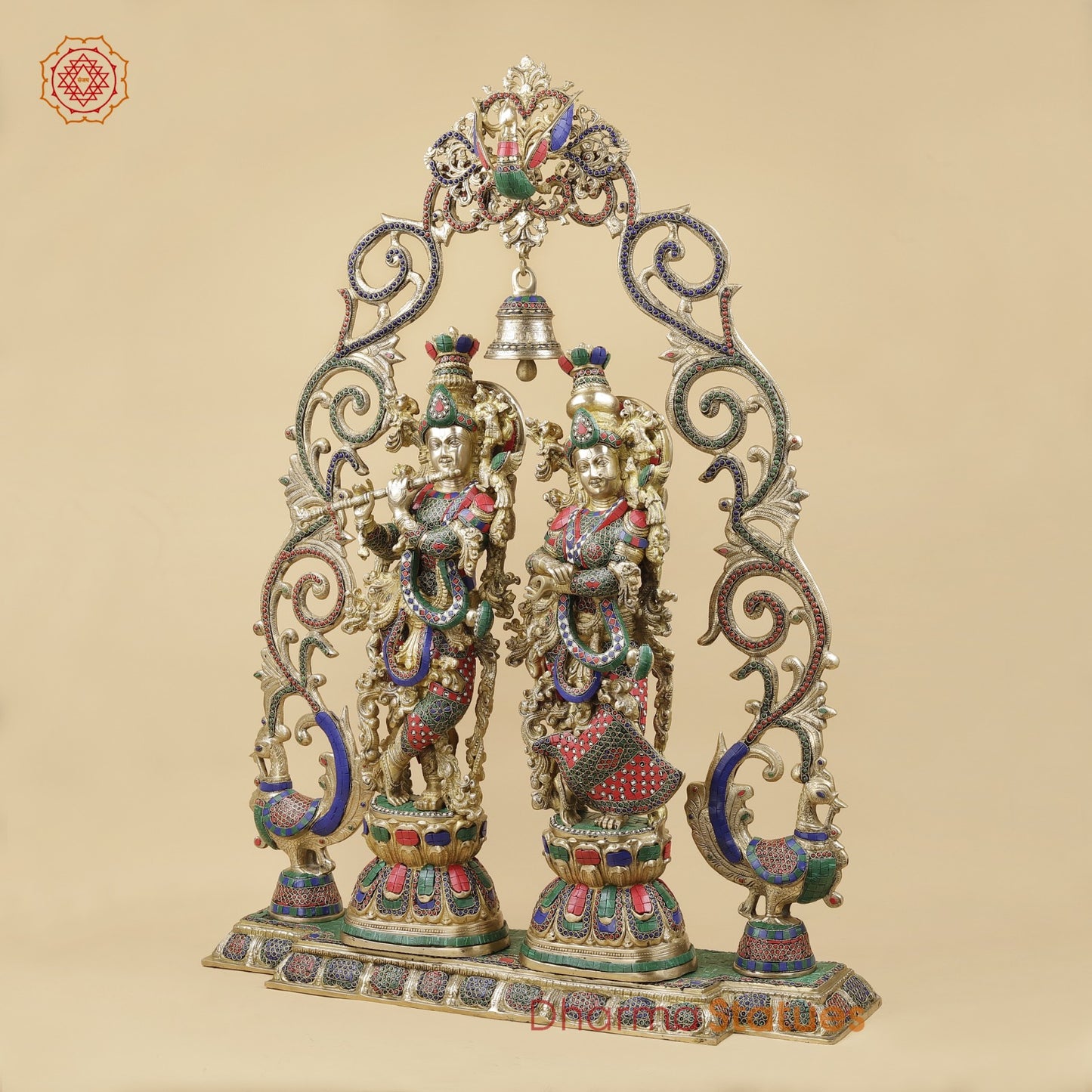 Brass Radha Krishna With Floral Arch and Bell, Stone work 45”
