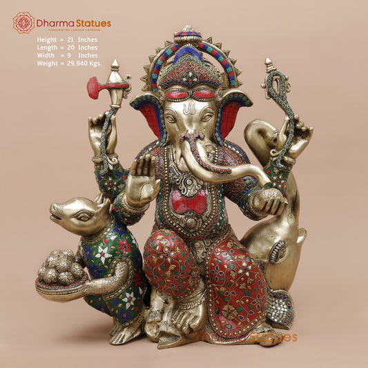 Brass Ganesh Seated With Rat and Elephant Fine, Stone Work 21”