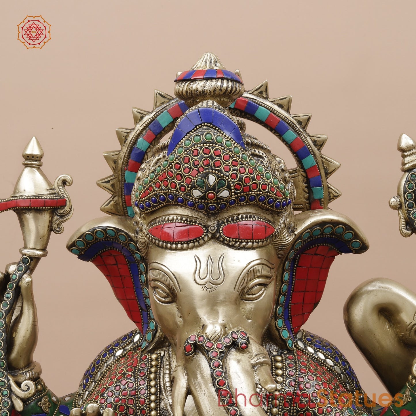 Brass Ganesh Seated With Rat and Elephant Fine, Stone Work 21”