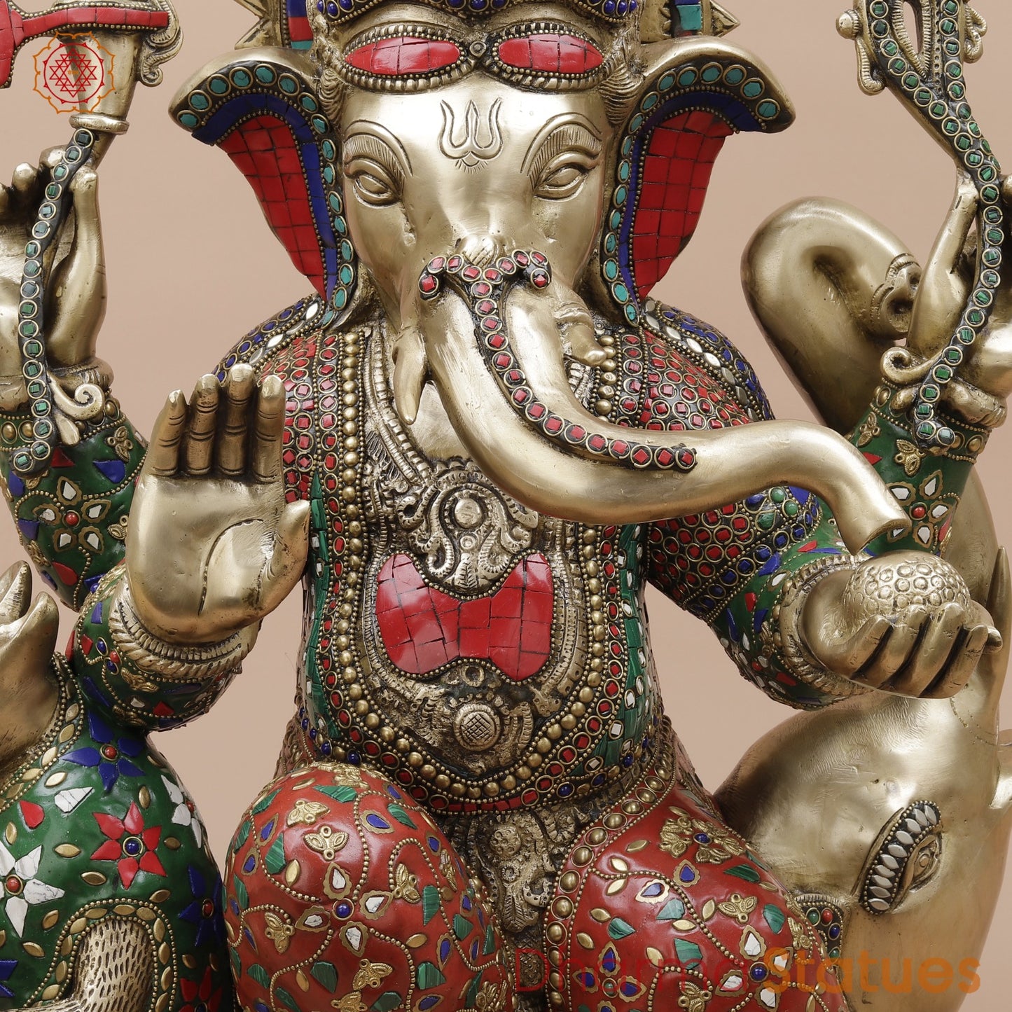 Brass Ganesh Seated With Rat and Elephant Fine, Stone Work 21”