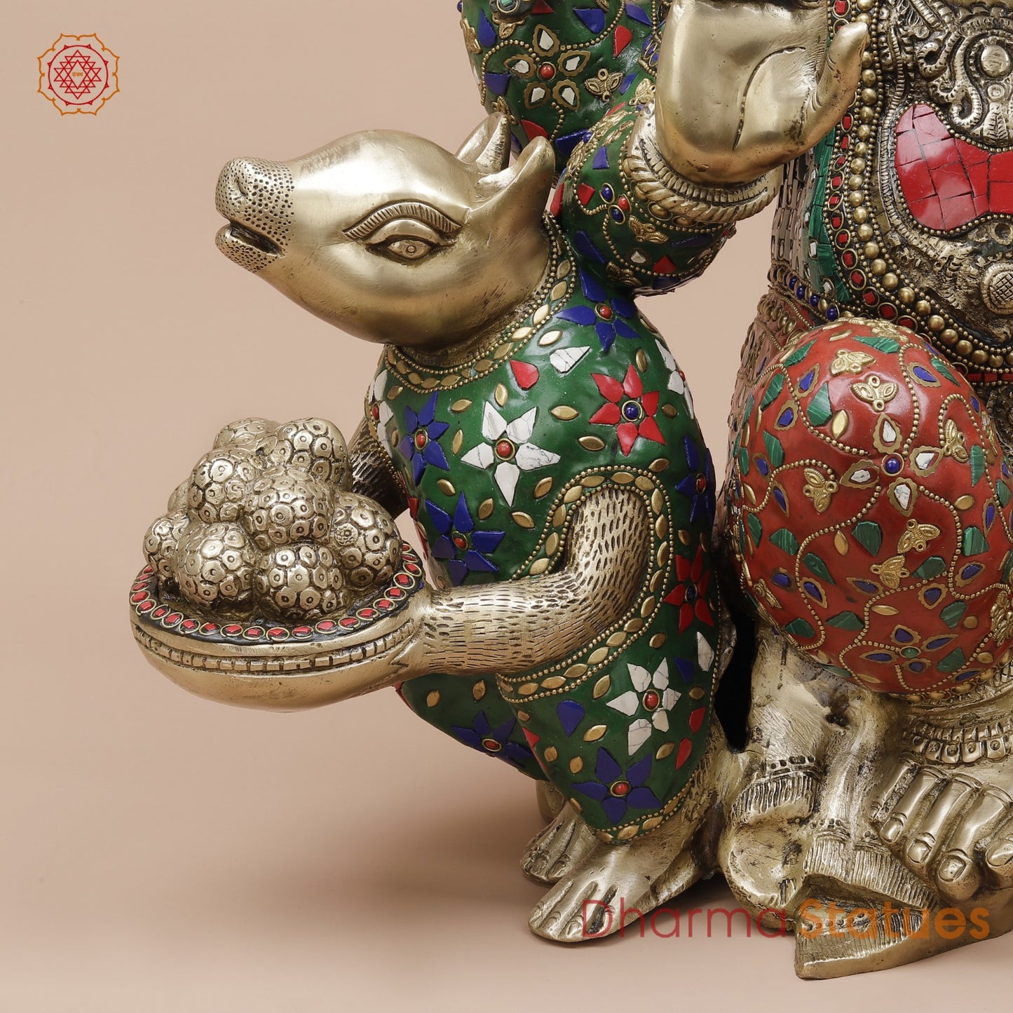 Brass Ganesh Seated With Rat and Elephant Fine, Stone Work 21”