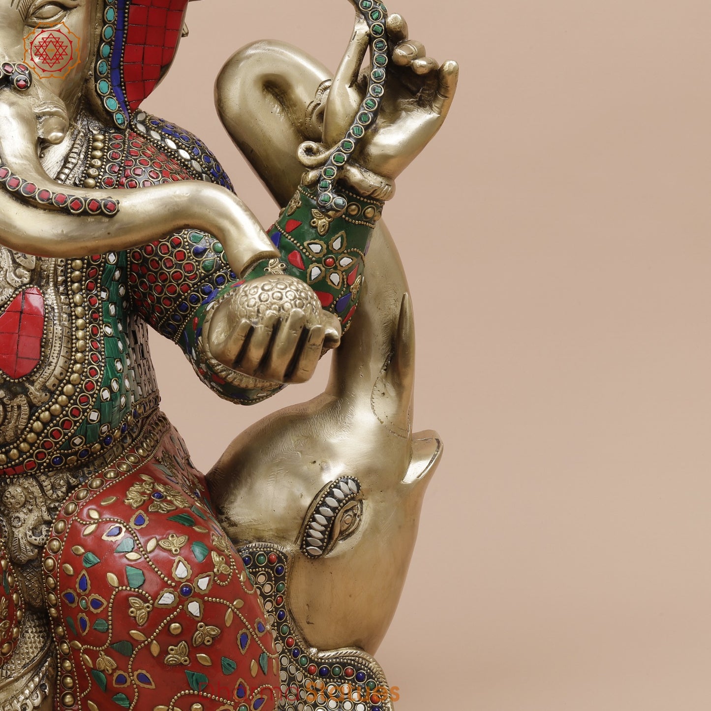 Brass Ganesh Seated With Rat and Elephant Fine, Stone Work 21”