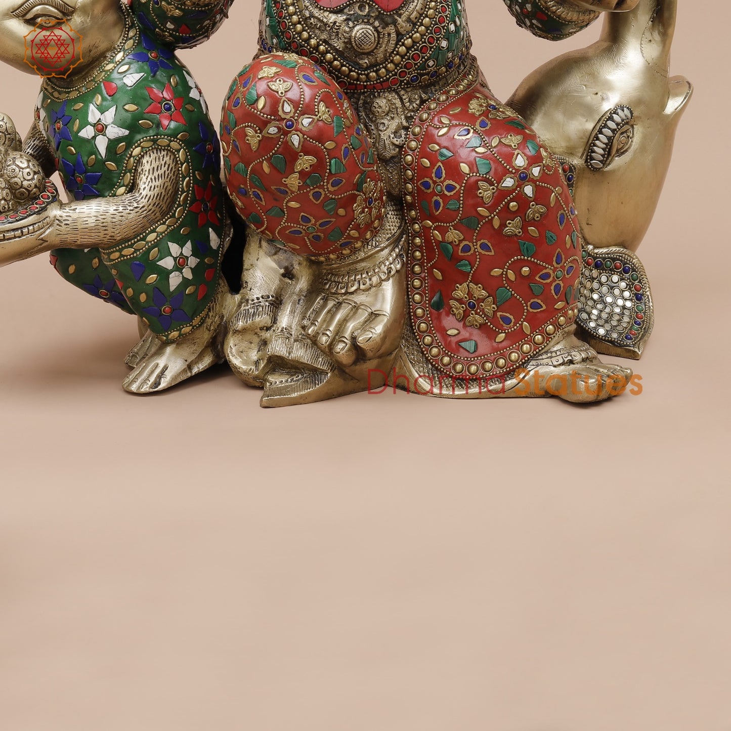 Brass Ganesh Seated With Rat and Elephant Fine, Stone Work 21”
