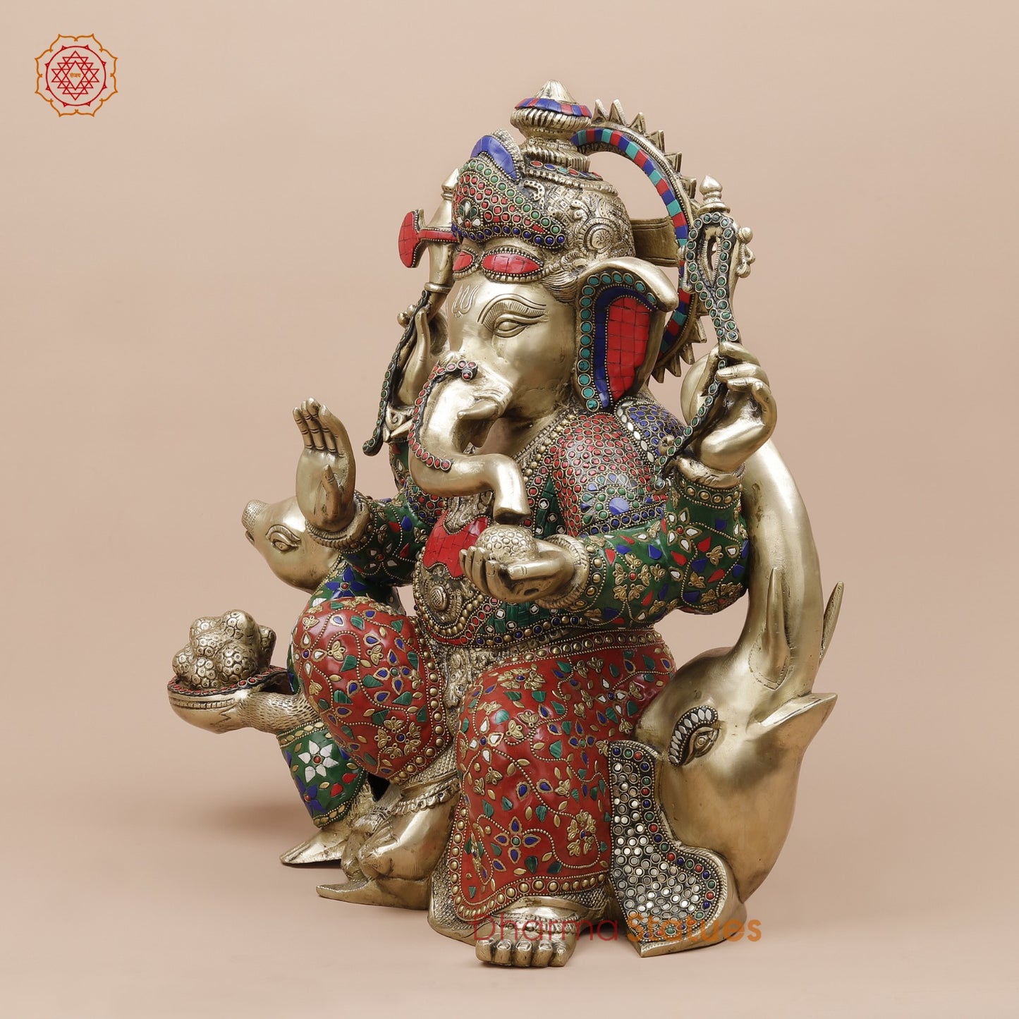 Brass Ganesh Seated With Rat and Elephant Fine, Stone Work 21”