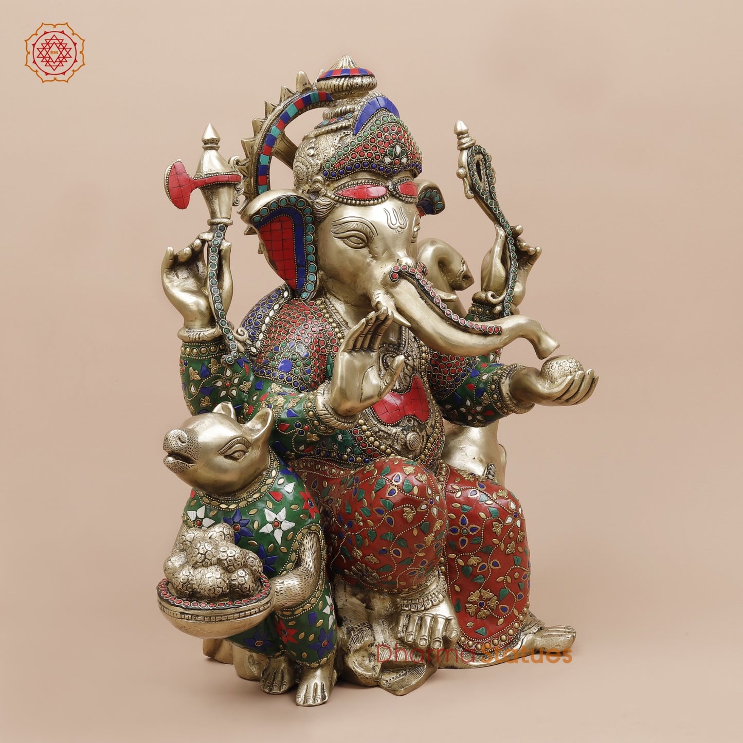 Brass Ganesh Seated With Rat and Elephant Fine, Stone Work 21”