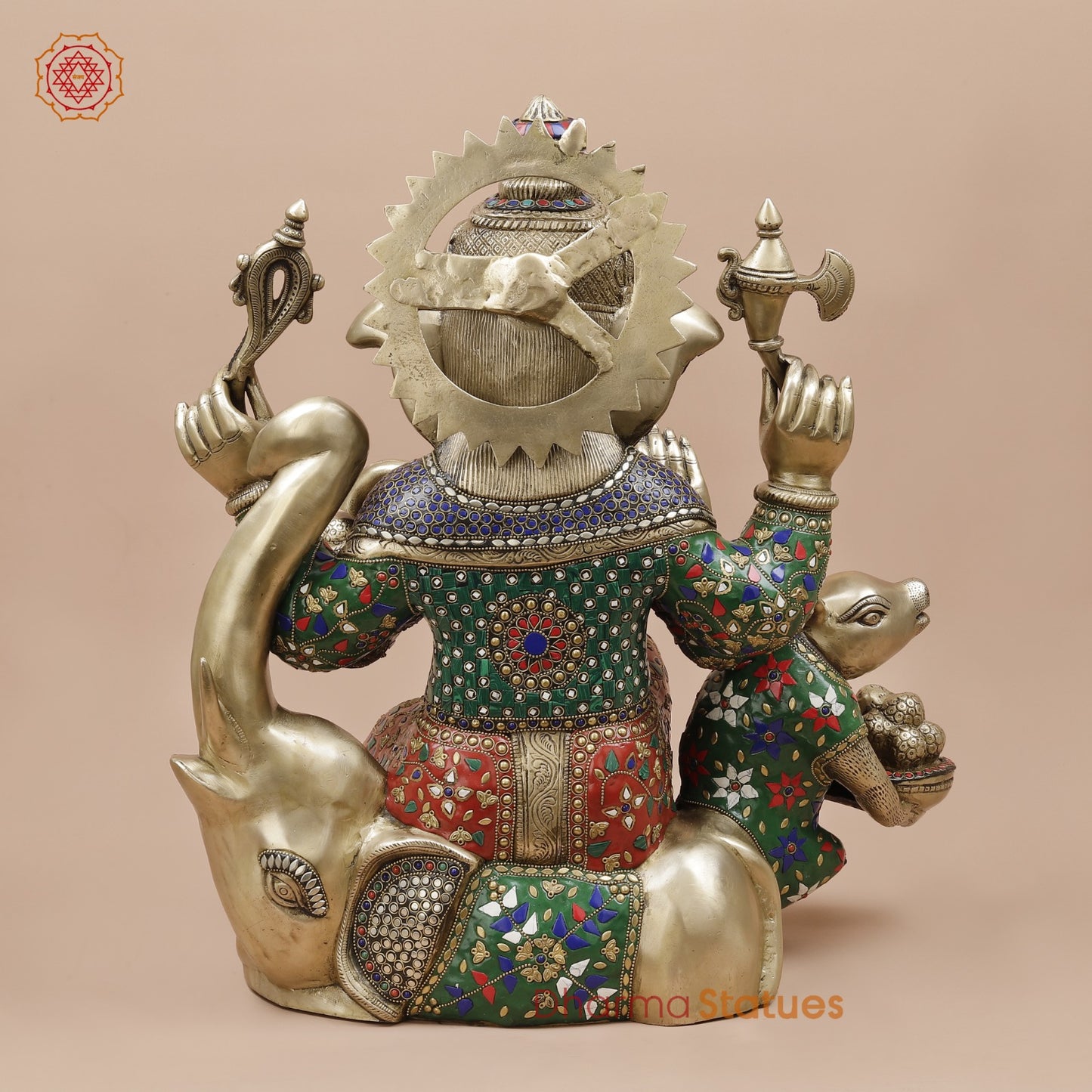 Brass Ganesh Seated With Rat and Elephant Fine, Stone Work 21”