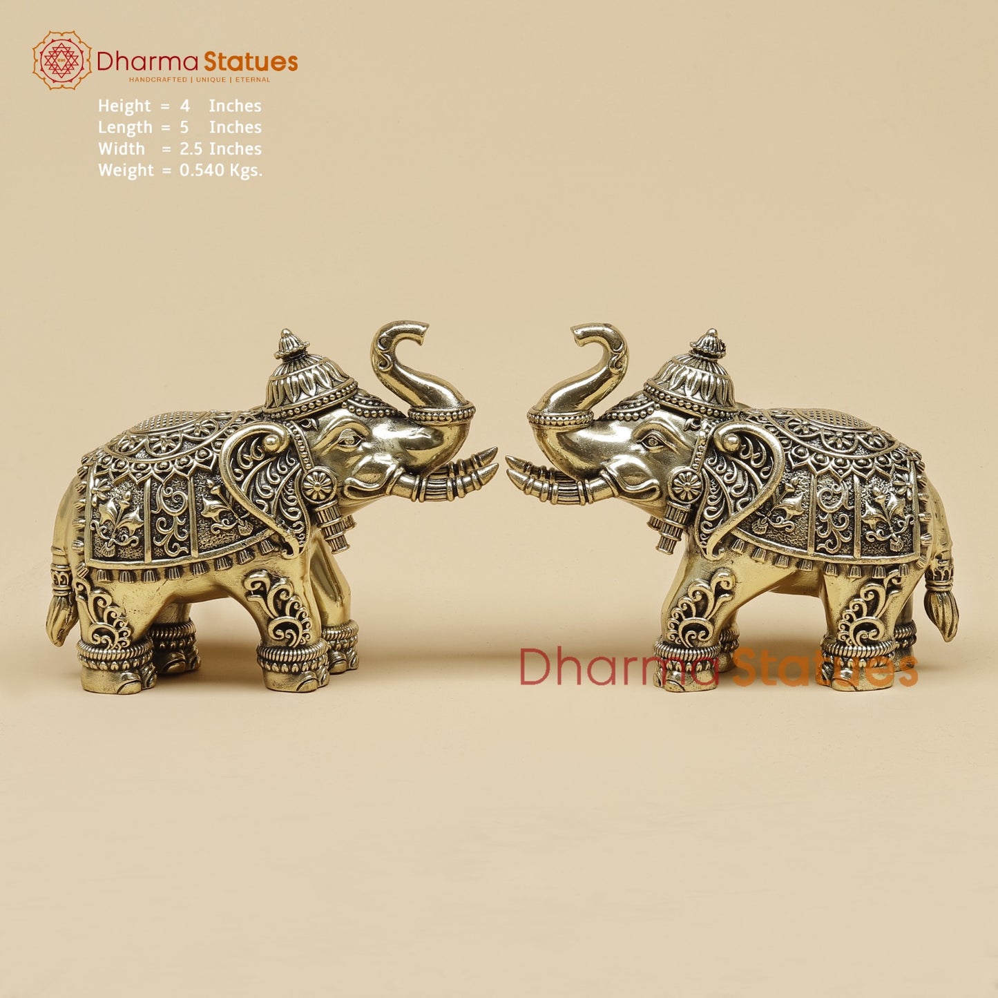 Brass Elephants pair With Fine Carving 5”