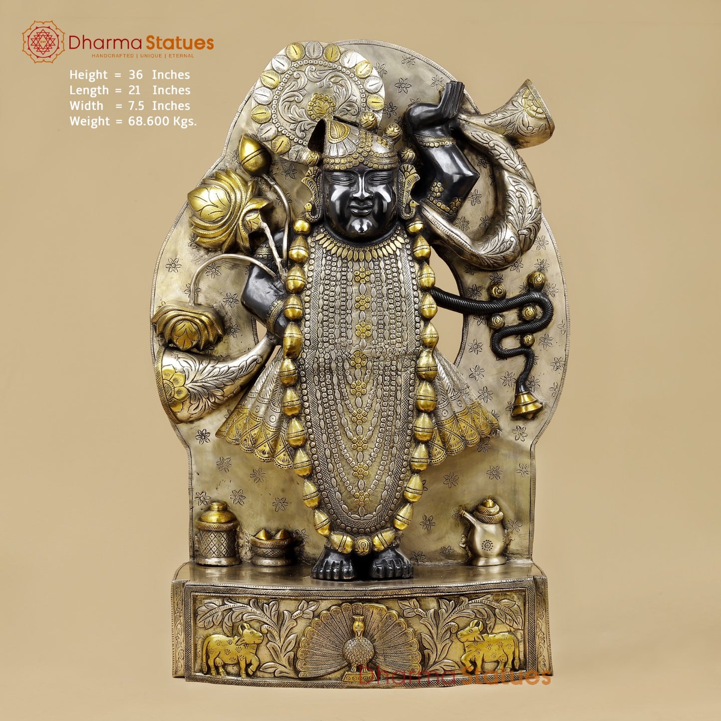 Brass Srinath Ji standing With Arch Fine, Black And Gold finish 36”