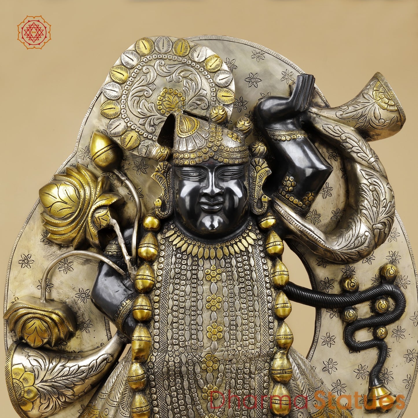 Brass Srinath Ji standing With Arch Fine, Black And Gold finish 36”