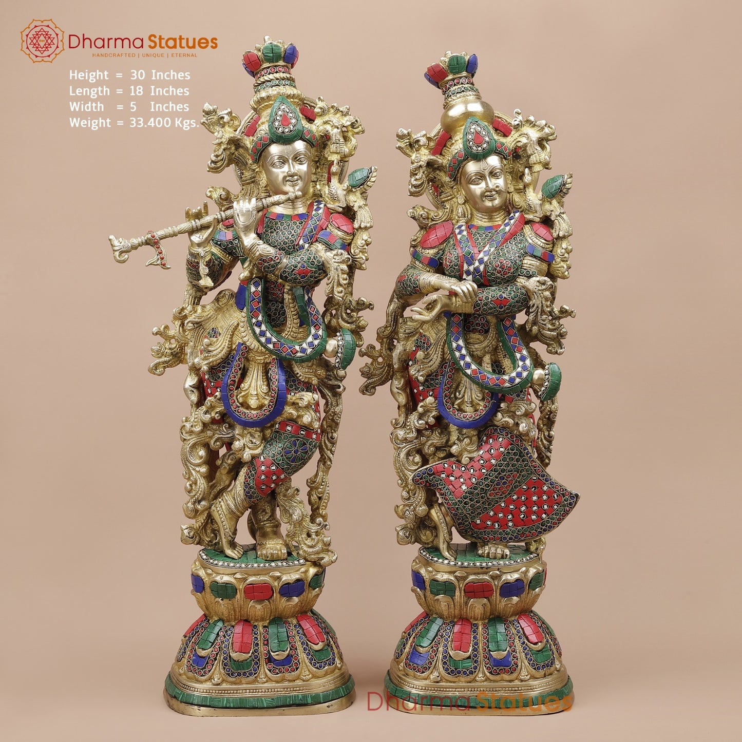 Brass Radha krishna Standing Fine, Stone work 30”