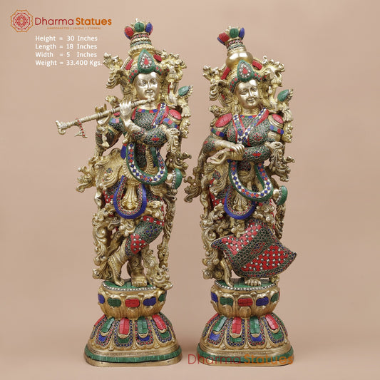 Brass Radha krishna Standing Fine, Stone work 30”