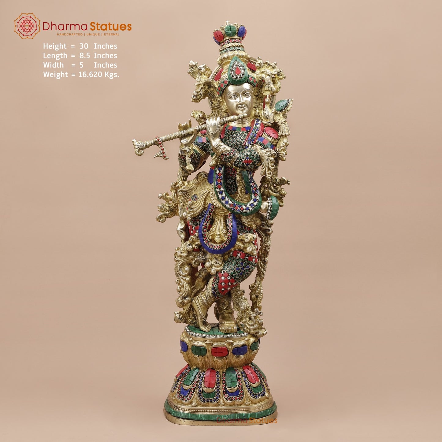 Brass Krishna Standing Fine, Stone work 30”
