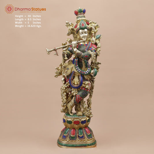Brass Krishna Standing Fine, Stone work 30”
