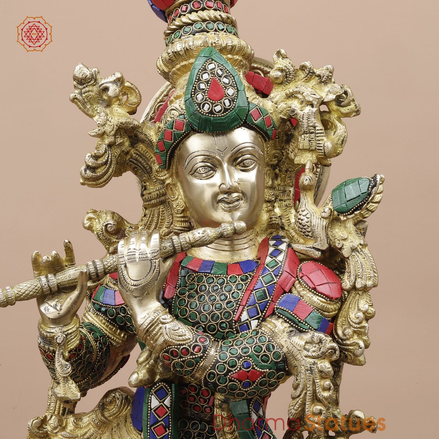 Brass Krishna Standing Fine, Stone work 30”