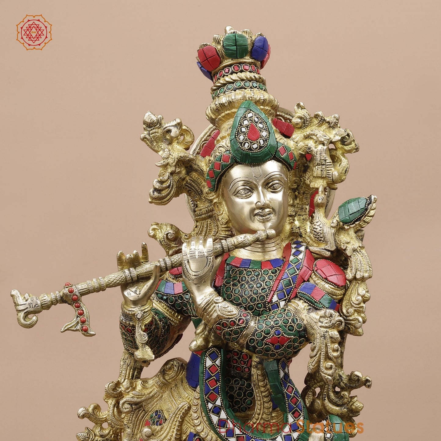 Brass Krishna Standing Fine, Stone work 30”