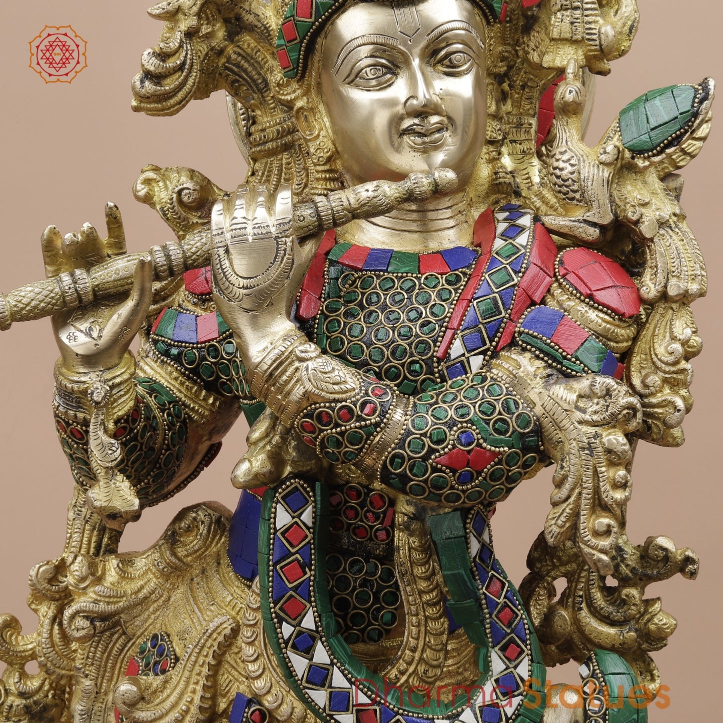 Brass Krishna Standing Fine, Stone work 30”